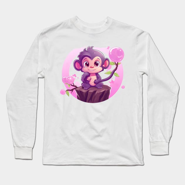 Purple Monkey in a Bubblegum Tree Long Sleeve T-Shirt by cesspoolofcool